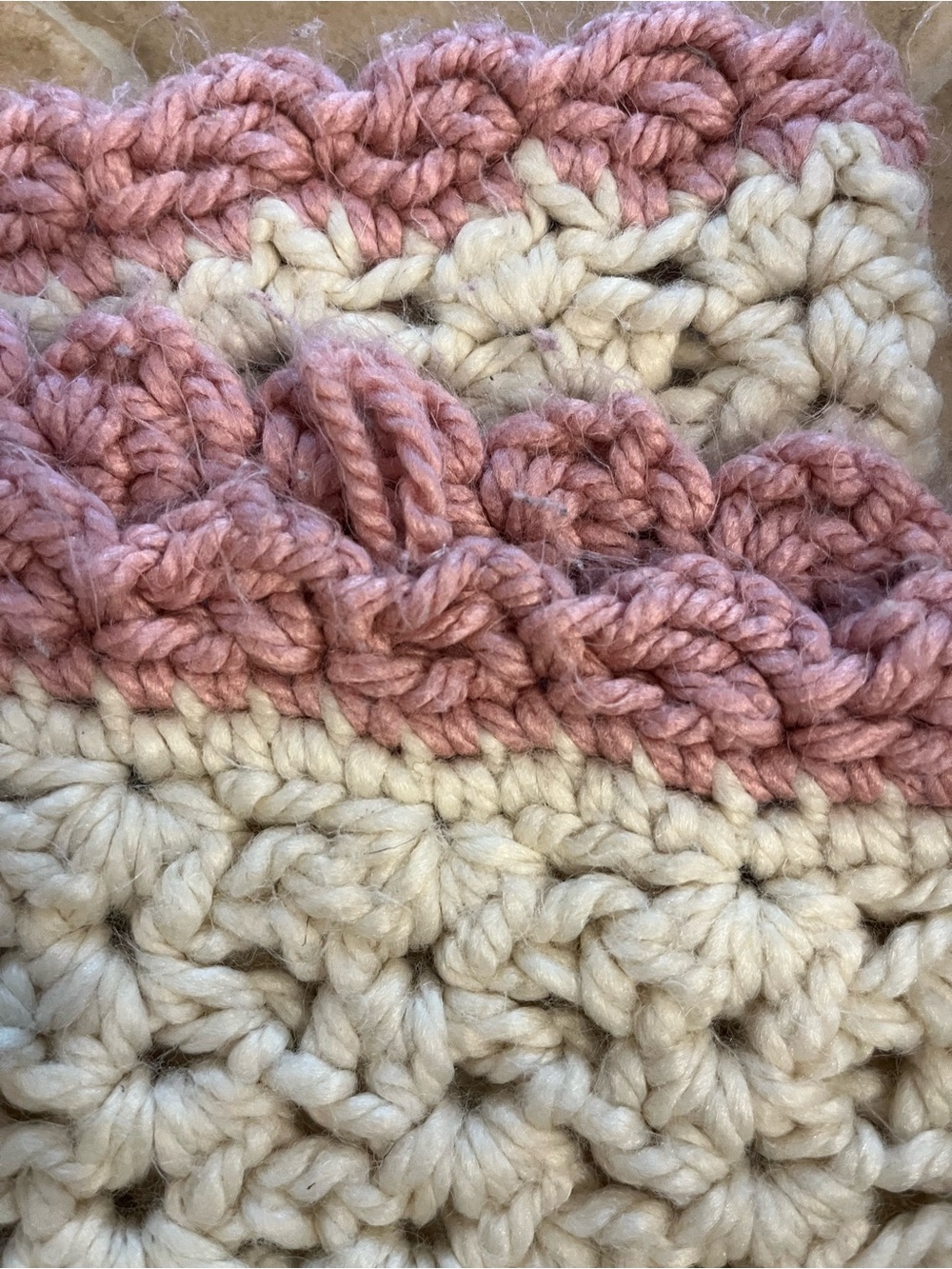 Handmade Chunky Crochet Throw in Pink and Cream